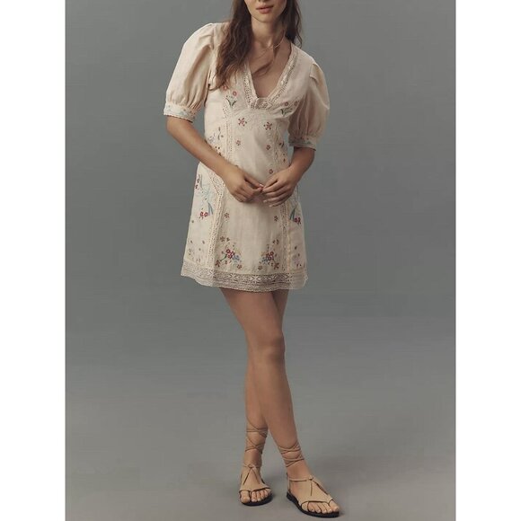 NWT Size 14-Anthro Linen Cotton Puff-Sleeve Embroidered Mini Dress (NWT US$ 228) - Picture 4 of 16